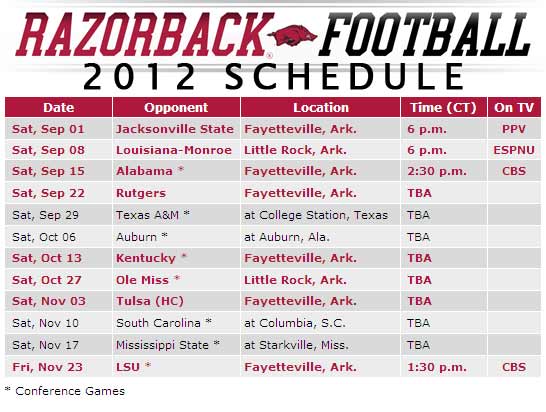 Razorback 2012 Football schedule