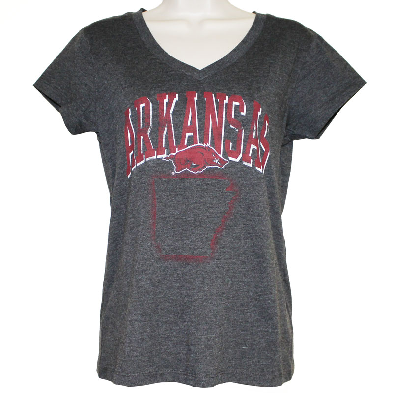 Arkansas Razorbacks Distressed Print V Neck T-Shirt, COTS30555M