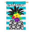 Floral Pineapple Stripe Linen House Flag EE13L9876H