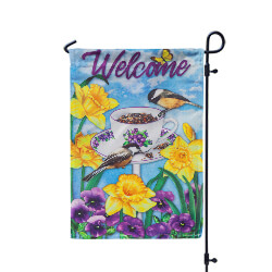 Chickadees with Teacups Garden Suede Flag, EE14S10657G