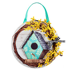 Forsythia and Birdhouse Door Hanger, EE2DHB1833