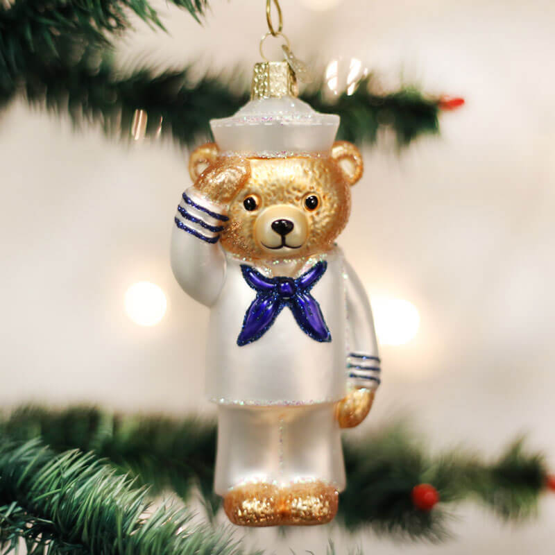 5.5 top of bear or 6.5 raised flag Approx Midwest Importers Bear Sailor Signalman Flag Signaller Semaphore Ornament