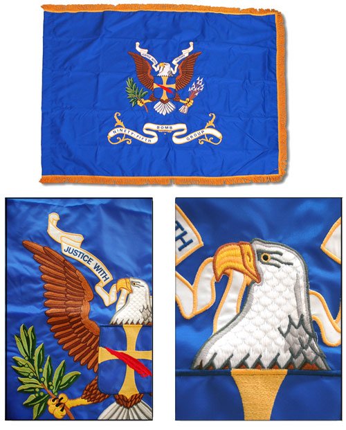 Close detail of embroidered flag design 